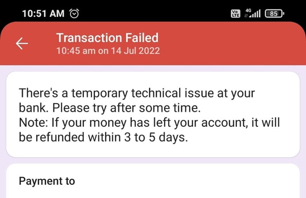 Failed bank transfers